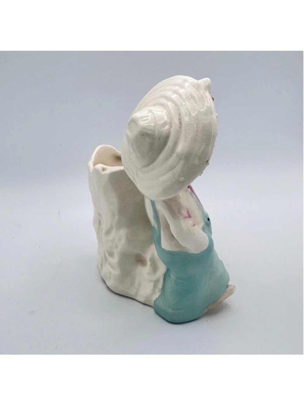 Vintage Japan Boy Planter – 1950s Ceramic Child Tree Stump Vase – Mid Century De